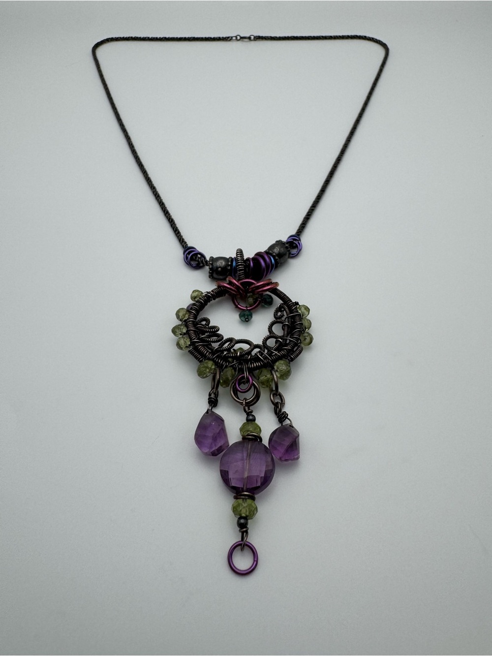 Sterling Silver 925 Oxidized Wire Wrap Beaded Necklace
